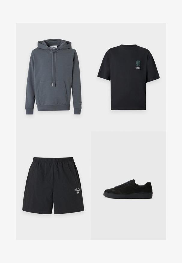 Sweat à capuche gris foncé avec poche kangourou sur le devant, cordons réglables et étiquette "ICEBERG" sur le col et la manche.; T-shirt noir à manches courtes avec un petit motif abstrait de feuille verte et un texte blanc sur le côté gauche de la poitrine.; Shorts noirs décontractés avec une ceinture élastique, des poches latérales et un petit logo brodé en écriture blanche sur la jambe droite.; Basket en suède noire avec une semelle plate et texturée, un bout rond, six œillets pour les lacets et un design minimaliste.