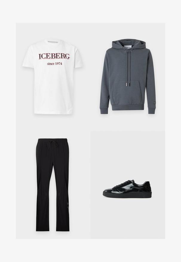 Mørkegrå pullover-hoodie med forreste kængurulomme, justerbare snore og "ICEBERG" label på kraven og ærmekanten.; Hvid t-shirt med korte ærmer med "ICEBERG" og "since 1974" trykt i sort og rød på forsiden.; Sorte bukser med lige ben, elastisk talje og snøre, med diskrete lodrette syninger og logo tekst på det nederste venstre ben.; Sorte laklæder sneakers med rund tå, snørredesign, tekstureret gummisål og en glat overflade.