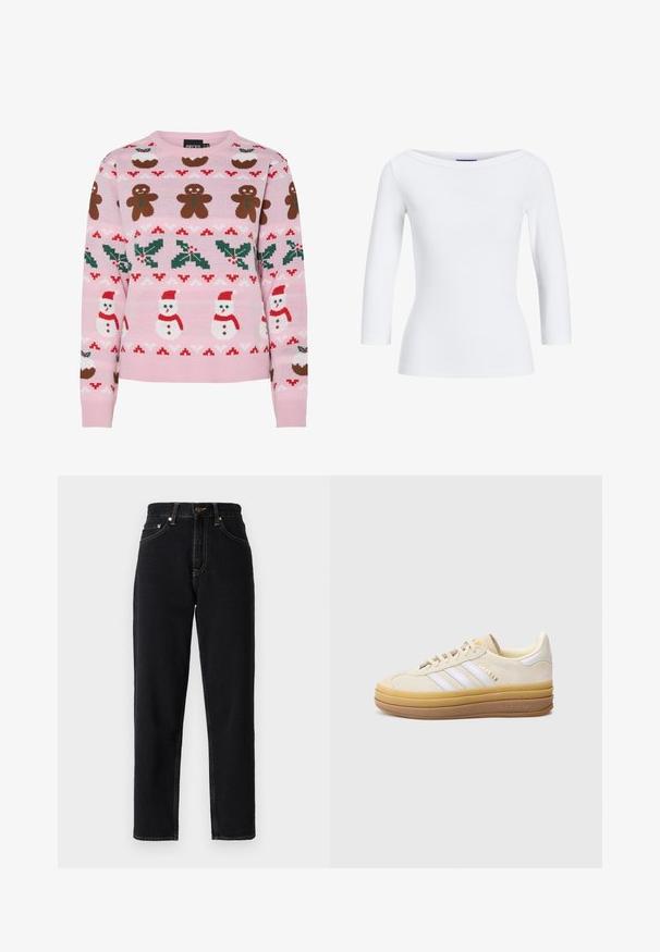 Pieces Christmas PCJOLLY XMAS - Striktrøje - prism pink; Hvid, ribbet langærmet top med bådudskæring. Stoffet er glat, tætsiddende og har en ren afslutning ved manchetterne og kanten.; Sorte denimjeans med lige ben design, høj talje og kontrastsyning. Har fem lommer og lynlåslukning.; Beige ruskindssneaker med tre hvide striber, en struktureret tanfarvet sål og guldbranding. Har en rundet tå og en blød polstret krave.