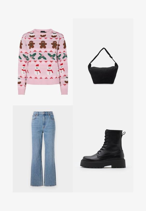 Pieces Christmas PCJOLLY XMAS - Striktrøje - prism pink; Abercrombie & Fitch FRONT TO BACK TONAL STRAIGHT - Jeans Relaxed Fit - blue denim; Sorte læder ankelstøvler med rund tå, snørebånd foran og en tyk gummisål med struktureret slidbane. Hæfteløkke bagpå.; Sort stof skuldertaske med en blød tekstureret overflade, rund form og en enkelt rem. Minimalistisk design uden synligt hardware eller accenter.