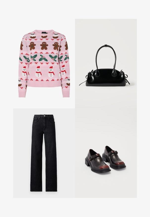 Pieces Christmas PCJOLLY XMAS - Trui - prism pink; Hoogtaille zwarte denim jeans met een knoop- en ritssluiting, voor- en achterzakken, en een rechte pasvorm.; Leren blokhak schoenen met een glanzende donkerburgundy afwerking, voorzien van een gespstrap en een rond neusstuk. Getextureerde zool voor grip.; Kleine zwarte glanzende handtas met twee lange hengsels en zijkant trekkoord details op een effen lichte achtergrond.