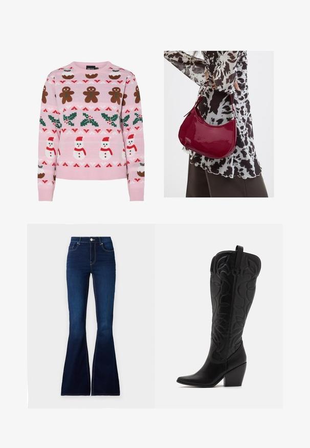 Pieces Christmas PCJOLLY XMAS - Πουλόβερ - prism pink; Σκούρο μπλε τζιν με καμπάνα και ψηλή μέση, φτιαγμένα από τζιν ύφασμα. Διαθέτουν αντίθετο ράψιμο και κλείσιμο με κουμπί μπροστά. Λεπτή υφή.; Μαύρες δερμάτινες μπότες μέχρι το γόνατο με μυτερή μύτη και στρωμένο τακούνι. Διαθέτουν διακοσμητικές ραφές και κυρτά σχεδιαστικά στοιχεία.; Γυναίκα που φοράει μια μπλούζα με μαύρο-άσπρο μοτίβο κρατάει μια γυαλιστερή κόκκινη τσάντα ώμου σε απλό φόντο.
