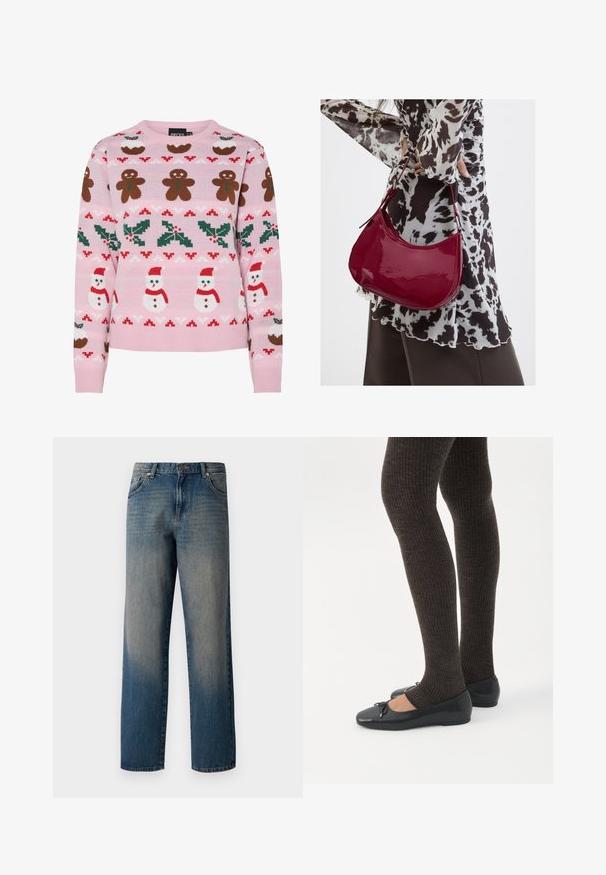 Pieces Christmas PCJOLLY XMAS - Striktrøje - prism pink; Blå denim jeans med et lige ben design, der har en fading fra mørk til lys, fem-lommemodel og en knaplukning i taljen.; Ben iført mørke ribbede leggings kombineret med sorte balletsko med små sløjfedetaljer på hvid baggrund.; Kvinde iført en sort- og hvidmønstret bluse, der holder en blank rød skuldertaske mod en ensfarvet baggrund.