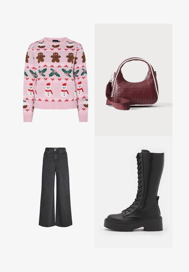 Pieces Christmas PCJOLLY XMAS - Trui - prism pink; Zwarte high-waist jeans met wijde pijpen, sluiting aan de voorkant met knopen en rits, voorzakken en rafelige zoom.; Zwarte kniehoog laarzen met veter, voorzien van een chunky platformzool, een gladde leren afwerking en verstevigde stiksels langs de naden.; Donkerrode geweven leren handtas met gebogen handvat, witte bies, zilveren rits en afneembare brede stoffen schouderriem tegen een effen achtergrond.