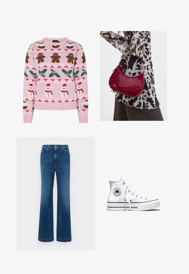 Pieces Christmas PCJOLLY XMAS - Jersey de punto - prism pink; Jeans de mezclilla azul de pierna ancha con una cintura alta, cinco bolsillos y un cierre de botón clásico. La tela tiene una textura suave y ligeramente deslavada.; Zapatilla Converse Chuck Taylor All Star blanca de caña alta con rayas negras y parche de logo en el lateral, mostrada sobre un fondo blanco liso.; Mujer con blusa de estampado en blanco y negro sosteniendo un bolso de hombro rojo brillante sobre un fondo liso.