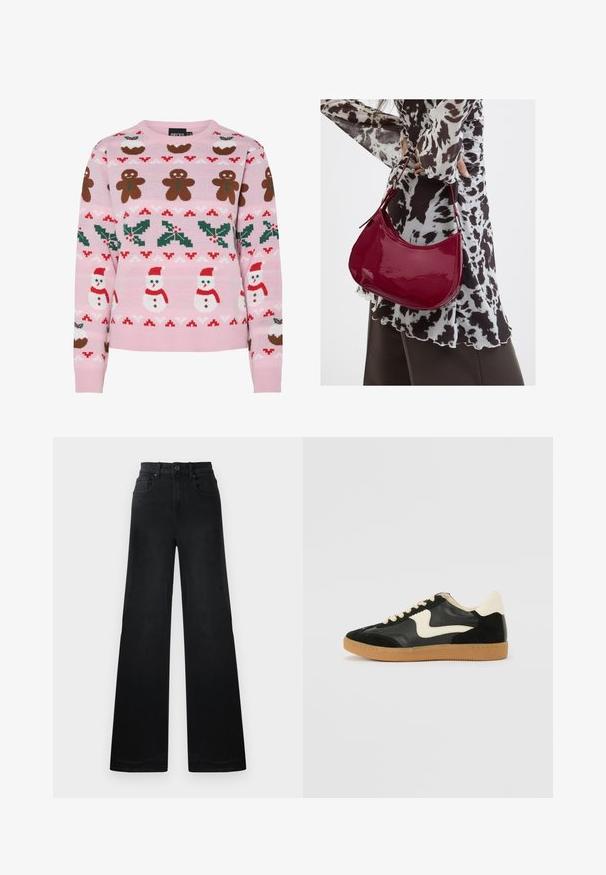 Pieces Christmas PCJOLLY XMAS - Jersey de punto - prism pink; Pantalones de mezclilla negros de pernera ancha con cintura ajustada, que cuentan con trabillas para el cinturón, bolsillos delanteros y traseros, y una textura suave.; Zapatillas de deporte de ante y cuero negro con un swoosh lateral en crema y un talón en crema claro. Presenta cordones beige y una suela de goma marrón.; Mujer con blusa de estampado en blanco y negro sosteniendo un bolso de hombro rojo brillante sobre un fondo liso.