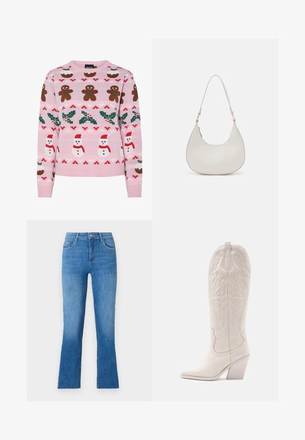 Pieces Christmas PCJOLLY XMAS - Pullover - prism pink; Jeans en denim bleu avec une jambe évasée, dotés d'une taille mi-haute, de cinq poches et d'une fermeture à bouton argent classique. Texture lisse.; Bottine de cowboy en cuir blanc avec un bout pointu et un talon bloc. Présente des motifs de broderie complexes sur la tige et une texture lisse.; Sac épaule en cuir crème en forme de croissant, avec une fine sangle et des détails de coutures subtils. Design minimaliste avec des accents en métal doré.