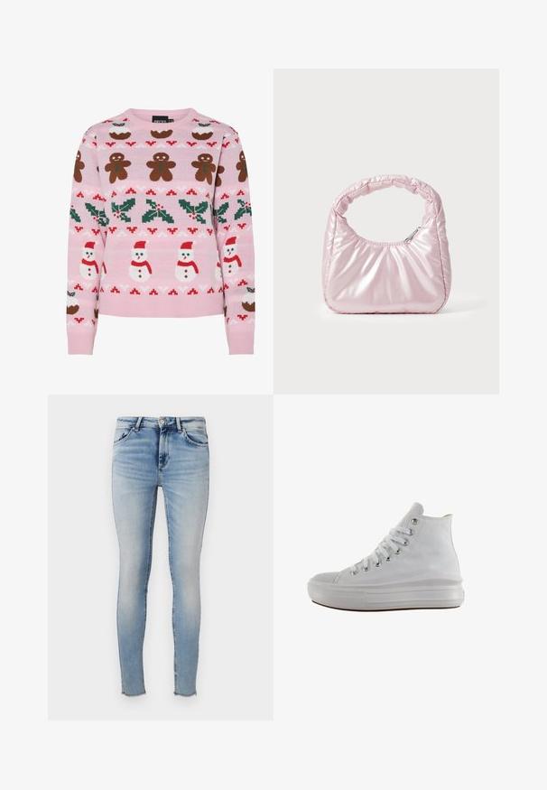 Pieces Christmas PCJOLLY XMAS - Svetrík - prism pink; Svetlo modré úzke džínsy vyrobené z denimu, s vysokým pásom, piatimi vreckami a roztrhnutými okrajmi. Hladká textúra so zosvetleným povrchom.; Biele vysoké plátenné tenisky s bielymi šnúrkami, kovovými očkami, hrubou gumovou podrážkou a textúrovanou špičkou, mieriac doľava na bielom pozadí.; Ružová, polstrovaná kabelka s oblehnutým dizajnom, vyrobená z lesklého materiálu. Obsahuje naťahovanú rukoväť a zipsové uzatvorenie pre bezpečný prístup.