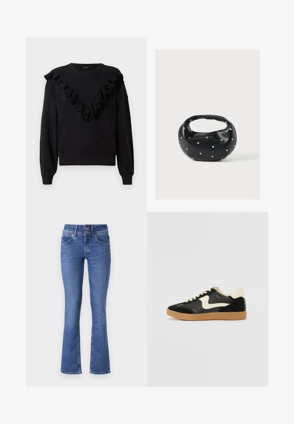 Zwarte sweatshirt met lange mouwen, met een ruches V-halsontwerp. Gemaakt van zachte stof, inclusief geribbelde manchetten en zoom voor een comfortabele pasvorm.; Blauwe denim jeans met een broekspijpdesign met uitlopende onderkant, voorzien van een sluiting met twee knopen, vijf zakken en subtiele lichte plekken aan de voorkant.; Zwarte suède en leren sneaker met een crèmekleurige zij-swoosh en lichte crèmekleurige hiel. Voorzien van beige veters en een gumrubberen zool.; Zwarte leren handtas met een afgeronde vorm, versierd met zilveren studs, en een korte handgreep. Gladde textuur en ritsluiting.