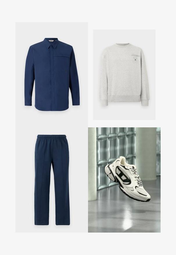 Sudadera gris claro de cuello redondo con mangas largas y pequeño logotipo "ellesse Italia" en la parte superior izquierda del pecho.; Camisa de manga larga de color navy con cuello abotonado, un bolsillo en el pecho y una textura limpia y suave. Presenta un pequeño logotipo en el bolsillo.; Pantalones azul marino con cintura elástica y corte relajado. Cuenta con detalles de costura vertical y textura suave de algodón.; Zapatilla deportiva blanca y negra con detalles de malla y cordones con estampado suspendida en el aire en un espacio interior moderno con bloques de vidrio.