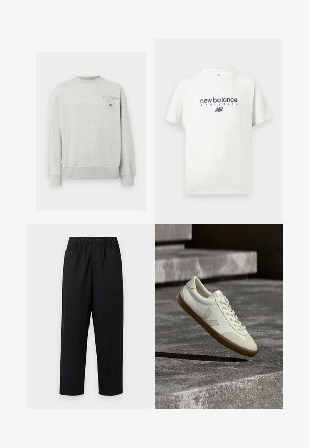 Lichtgrijze crewneck-trui met lange mouwen en klein "ellesse Italia"-logo op de bovenste linkerborst.; Witte T-shirt met korte mouwen en ronde hals, bedrukt met "new balance ATHLETICS" en het "NB" logo in donkerblauw op het midden aan de voorkant.; Zwarte, wijde broeken met een elastische tailleband en een enkele knoop. Gemaakt van een gladde, lichte stof. Rechte zoom.; Witte leren sneakers met een bruine rubberen zool, platte veters en een V-vormig accent aan de zijkant. Ze hebben een glad oppervlak en minimale stikdetails.
