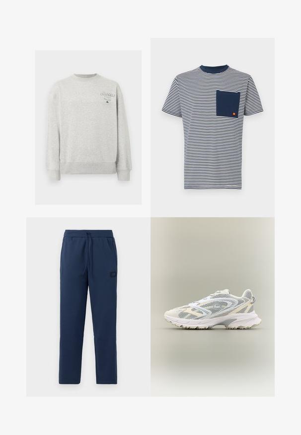 Hellgraues Sweatshirt mit Rundhalsausschnitt, langen Ärmeln und kleinem "ellesse Italia"-Logo auf der oberen linken Brust.; Ellesse HIRST TEE - T-Shirt print - navy; Navyblaue Jogginghosen aus einem weichen Baumwollmix, mit einem elastischen Bund und Kordelzug sowie einem kleinen Markenpatch an der Hüfte.; Weißer Sportschuh mit grauen Netzpaneelen, strukturierten Überzügen, einem gepolsterten Kragen und einer Gummisohle mit kleinen Traktionsspikes.