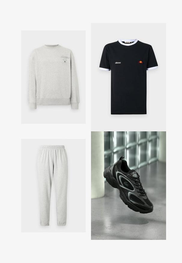Sweat-shirt gris clair à col ras du cou avec manches longues et petit logo "ellesse Italia" sur le côté gauche de la poitrine.; T-shirt noir à manches courtes avec bordure blanche sur le col et les manches, arborant un petit patch logo "ellesse" et un emblème demi-cercle orange et rouge.; Pantalon de survêtement gris clair, longueur intégrale, avec taille élastique et poignets aux chevilles, présenté sur un fond clair uni.; Chaussure de sport noire en mesh et matériau synthétique, avec une semelle texturée, un design élégant, des accents argentés et un laçage à l'avant.