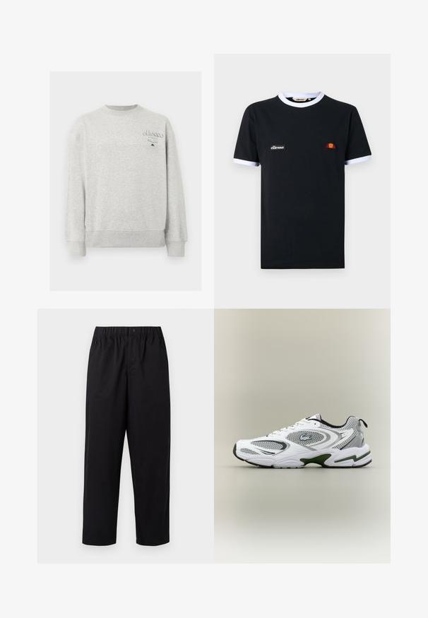 Svetlosivá mikina s okrúhlym výstrihom, dlhými rukávmi a malým logom „ellesse Italia“ na ľavej hornej časti hrudníka.; Čierne tričko s krátkym rukávom s bielym lemovaním na golieri a rukávoch, s malou nášivkou s logom "ellesse" a polkruhovým oranžovo-červeným emblémom.; Čierne nohavice s širokými nohavicami, elastickým pásom a jedným gombíkom. Vyrobené z hladkej, ľahkej látky. Rovný lem.; Biele a šedé športové bežecké topánky so sieťovými panelmi, zelenými akcentmi, čiernymi detailmi a logom na boku, zobrazené z vonkajšej strany.