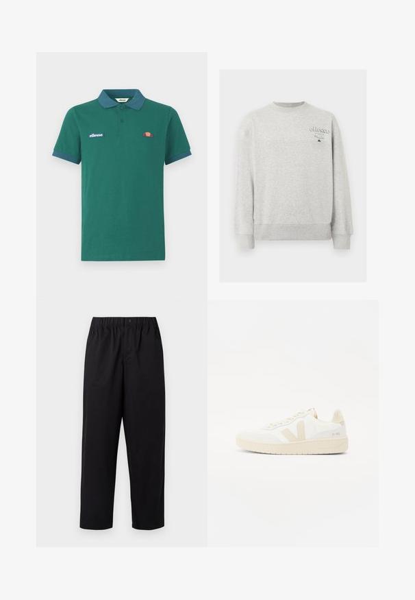 Helehall hele ümar kaelusega dressipluus pikkade varrukatega ja väike „ellesse Italia“ logo ülemisel vasakul rinnal.; Roheline polo särk, mis on valmistatud puuvillast, kontrastse sinise krae ja mansettidega. Omab broderitud logosid ja väikest värvilist kujundust rinnal.; Must mustad, laiad püksid elastse vöökoht ja ühe nööbiga. Valmistatud siledast, kergekaalulisest kangast. Sirge äär.; Valged tennisjalatsid beežide aksentidega, millel on tekstuuriga pealis, ümar varvas ja paks kummist tall. Disain sisaldab ikoonilist V-logo ja brändimist.