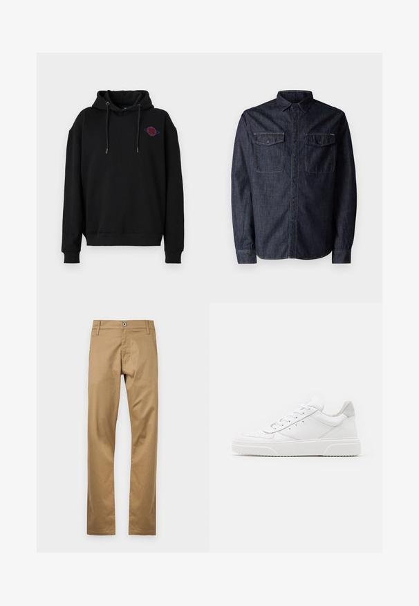 Denim Project DPMDPJOHAN HOODIE - Mikina s kapucňou - black; Replay Košeľa - dark blue; Béžové bavlnené nohavice s rovnými nohami, s predným zapínaním na gombík, pútkami na opasok a bočnými vreckami. Hladká štruktúra.; Biele kožené tenisky s hladkým povrchom, zaoblenou špičkou, plochými šnúrkami a textúrovanou podrážkou. Sivý semišový akcent na päte.
