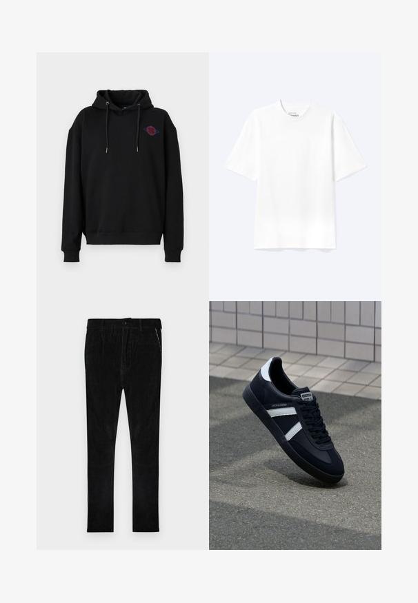 Denim Project DPMDPJOHAN HOODIE - Hættetrøje - black; Enkel hvid T-shirt med korte ærmer og rund hals med afslappet pasform, vist på en lys baggrund.; Sorte fløjlsbukser med vertikal ribstruktur, med klassisk knap- og lynlås-lukning, sidelommer og ben med lige snit.; Sort lædersneaker med hvide striber, tekstureret gummisål og snørrebånd foran. Har et brandet mærke på tungen.