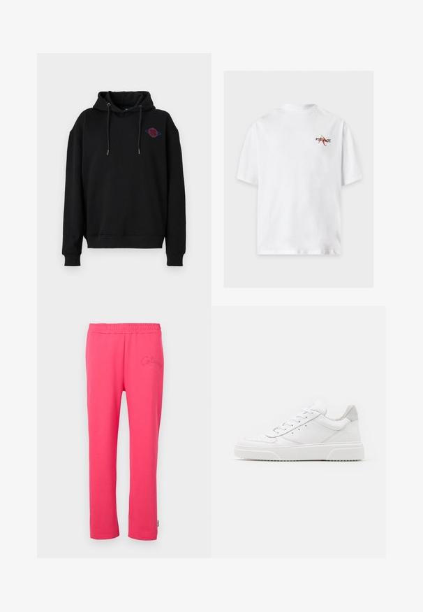 Denim Project DPMDPJOHAN HOODIE - Kapuutsiga pusa - black; Valge lühikeste varrukatega T-särk väikese "PICANTE" logoga ja punase tšillipipra kujundusega ülaosas vasakul rinnal.; Roosa puuvillane lõõgastuspüksid elastse vöökohtadega ja tikandiga logoga ees. Omab sirget jalge disaini.; Valged nahast spordijalatsid siledast nahast viimistlusega, ümarate varvastega, lamekestega ja tekstuuriga tallaga. Hall suede aktsent kanna juures.