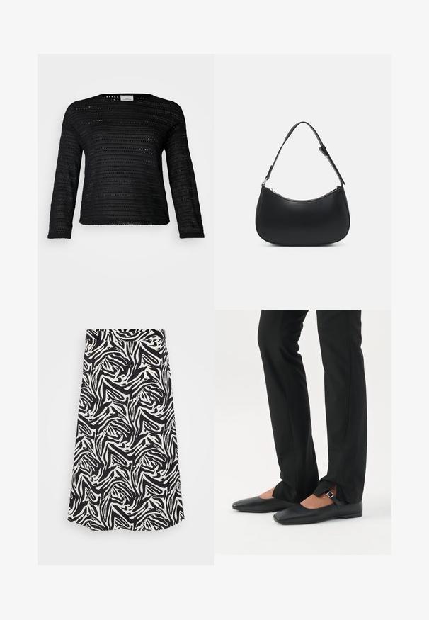 Schwarzer Pullover mit langen Ärmeln, der ein strukturiertes Muster mit horizontalen Streifen und Ausschnittdetails aufweist, runden Ausschnitt und eine lockere Passform hat.; Schwarzer und weißer Rock mit einem wirbelnden Zebra-Muster, mit geradem Schnitt und Saum. Hergestellt aus einem glatten, leichten Stoff.; Beine in schwarzen schmalen Hosen mit vorderen Schlitzen am Saum, kombiniert mit schwarzen flachen Mary-Jane-Schuhen mit kleinem Schnallenriemen.; Pieces PCALUANA SHOULDER BAG - Handtasche - black