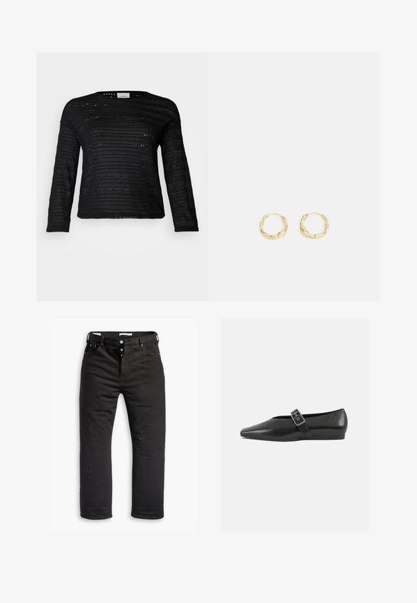 Schwarzer Pullover mit langen Ärmeln, der ein strukturiertes Muster mit horizontalen Streifen und Ausschnittdetails aufweist, runden Ausschnitt und eine lockere Passform hat.; Schwarze Denim-Jeans mit geradem Bein, ausgestattet mit einem Knopfverschluss, fünf Taschen und dezentem Stickdetail. Angenehme Textur.; Schwarze Lederflachschuhe mit spitzem Zehenbereich, ausgestattet mit einem metallischen Riemen über dem Spann und einer niedrigen, flexiblen Sohle.; Goldene Creolen mit einer strukturierten, unregelmäßigen Oberfläche. Sie verfügen über ein leichtes Design und eine runde Form, die sich für den täglichen Gebrauch eignet.