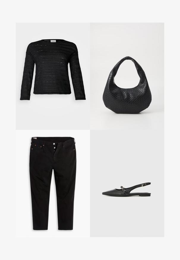 Schwarzer Pullover mit langen Ärmeln, der ein strukturiertes Muster mit horizontalen Streifen und Ausschnittdetails aufweist, runden Ausschnitt und eine lockere Passform hat.; Schwarze Jeanshose mit geradem Bein. Verfügt über fünf Taschen, Metallknopfverschluss und orangefarbene Nähtigkeiten. Aus Baumwollmaterial.; Schwarze Slingback-Schuhe aus Leder mit spitzer Zehenpartie, schmalem Riemen und silberner Schnallenverzierung an der Seite. Flache Sohle.; Schwarze gewebte Handtasche mit einem gebogenen Griff, die eine strukturierte Oberfläche und eine lässige Form hat. Glatte Oberfläche mit einer organischen Silhouette.