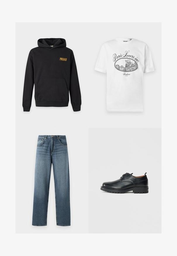 Schwarzer Kapuzenpullover mit Fronttasche und kleinem gelbem "Paris Gallery" Logo auf der linken Brust.; Weißes Baumwoll-T-Shirt mit einem schwarzen illustrativen Druck einer Pariser Stadtszene und dem Text "Paris Lovers inc." sowie "Bonheur EST.1992."; Gerade geschnittene blaue Jeans aus Denim mit gewaschenem Finish, ausgestattet mit einem Fünf-Taschen-Design, Metallknopf und Gürtelschlaufen. Robustes, mittelschweres Material.; Schwarze Leder Derby-Schuhe mit glatter Textur, runder Zehenform, Schnürdesign und einer dicken, robusten Gummisohle.