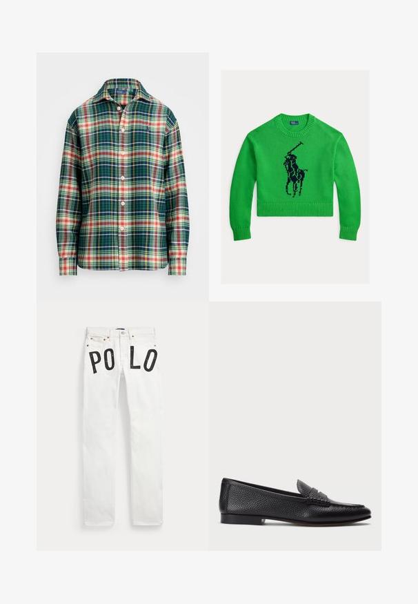 Jersey de punto verde con diseño corto, que presenta un logo de jugador de polo negro en el centro, cuello redondo y puños y bajo acanalados.; Camisa de manga larga con botones, de patrón de cuadros en verde, navy, blanco, naranja y amarillo, con cuello esparcido y pequeño logo bordado en el pecho.; Pantalones vaqueros blancos con bolsillos delanteros y letras negras que forman "PO LO" a lo largo de la zona superior del muslo en cada pierna.; Mocasin de cuero negro con acabado texturizado, que cuenta con una correa decorativa y tacón plano. Diseño elegante y minimalista con punta redondeada.