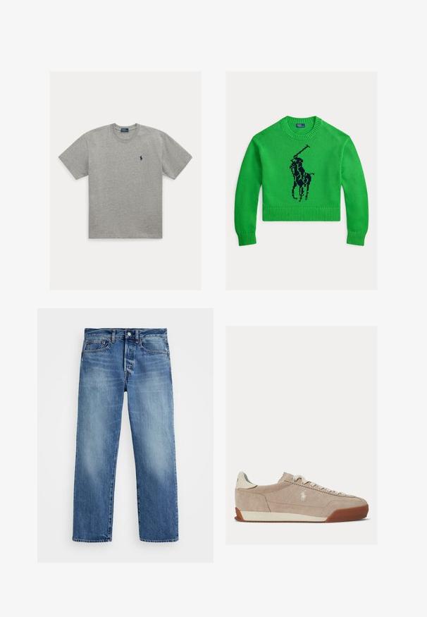 Grüner Strickpullover mit kurzem Schnitt, einem schwarzen Polospieler-Logo in der Mitte, rundem Ausschnitt sowie gerippten Bündchen und Saum.; Hellgraues T-Shirt mit kurzen Ärmeln und Rundhalsausschnitt mit kleinem dunkelblau besticktem Polospieler-Logo auf der linken Brust.; Helle blaue Denim-Jeans mit geradem Schnitt, fünf Taschen, Gürtelschlaufen und Kupferknopfverschluss. Ausgebleichte Bereiche sorgen für Textur.; Beiger Wildleder-Low-Top-Sneaker mit weißen Schnürsenkeln, weißem Logo an der Seite und brauner Gummisohle.