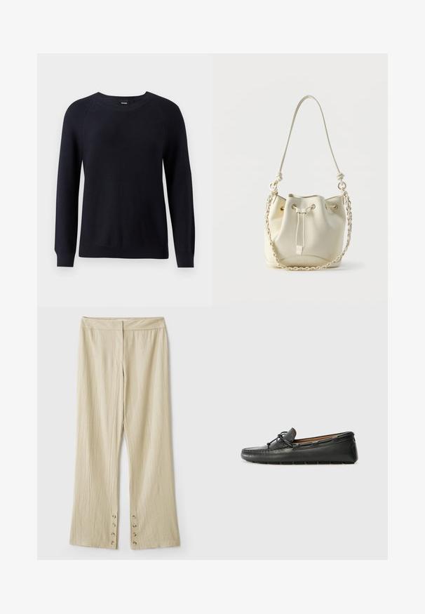 Pull en tricot marine avec un col rond, des manches longues et des poignets et un ourlet côtelés. Motif texturé sur l'ensemble du tissu.; Pantalon beige à jambes larges en tissu texturé, avec une ceinture lisse et des détails à boutons à l'ourlet.; Bateau en cuir noir avec un bout arrondi, des détails de couture, un petit accent en nœud et une semelle en caoutchouc. Texture lisse et design épuré.; Sac seau en cuir crème avec fermeture à cordon, chaîne tressée et bandoulière en cuir, ainsi que des œillets dorés.