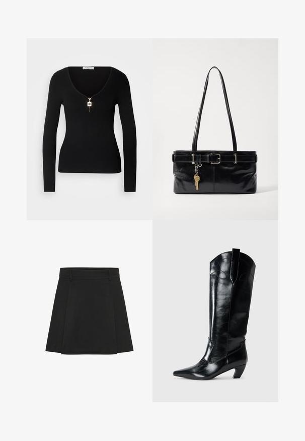 Haut noir à manches longues côtelé avec un décolleté en V profond et une fermeture éclair dorée à l'avant, fabriqué dans un matériau extensible pour un look ajusté.; Jupe plissée noire avec une taille structurée. Fabriquée à partir d'un tissu texturé, elle présente des plis distincts et un ourlet droit.; Bottes en cuir noir montantes jusqu'au genou, avec une pointe effilée, un talon bas, et des détails de couture décoratifs sur les côtés. Fini lisse et brillant.; Osoi SHOULDER BROCLE - Sac à main - stone black