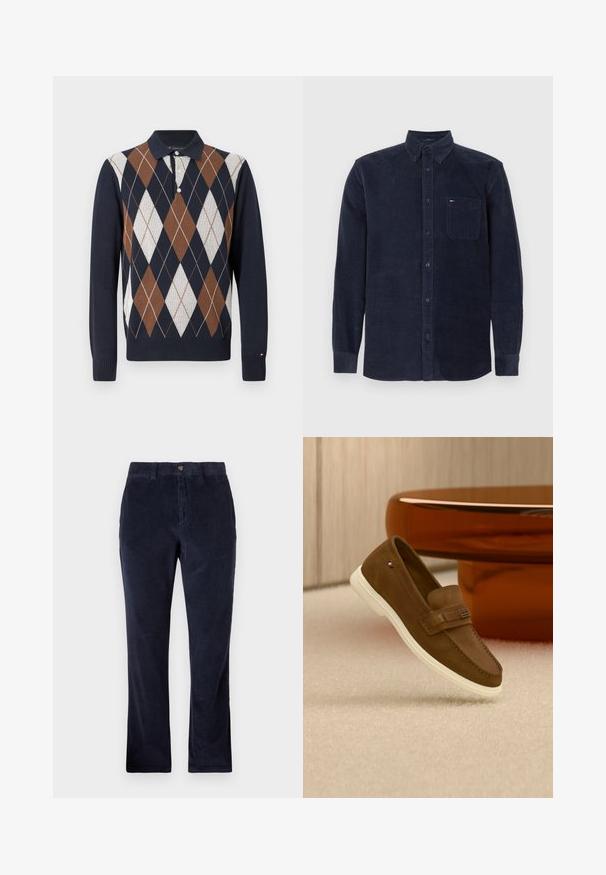 Pull polo en tricot avec un corps bleu marine, orné d'un motif argyle marron, blanc et crème ; col à trois boutons et poignets côtelés.; Chemise boutonnée en velours côtelé bleu marine à manches longues, avec une poche poitrine à l'avant et un col, posée à plat sur un fond blanc.; Pantalons en corduroy bleu marine avec une coupe droite, dotés d'une fermeture à bouton, de passants de ceinture et d'un tissu à côtes texturé.; Mocassin en daim marron avec semelle blanche et détail métallique, flottant au-dessus d'un tapis clair à côté d'un meuble rond marron brillant.