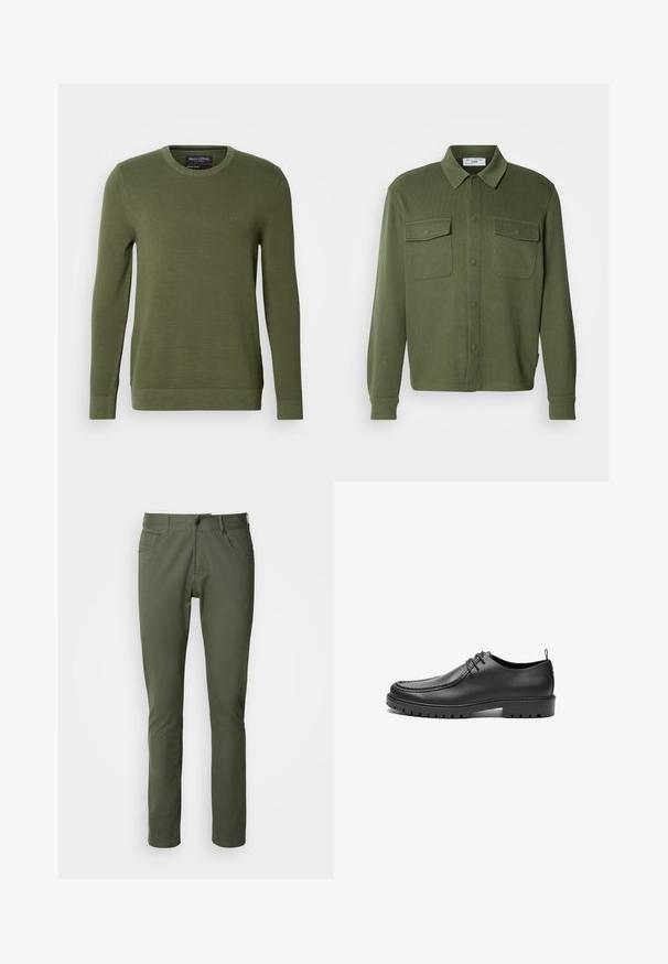 Olivengrøn strikket sweater med rund hals, lange ærmer og ribbede manchetter. Diskret logodetalje på brystet. Strukturmønster over det hele.; Olivengrøn skjorte med knapper fremme, lavet af tekstureret stof, med to brystlommer og en krave med knaplukning.; Olivenfarvede bukser lavet af bomuldsblanding, med klassisk lige pasform, fem lommer og metalknaplukning. Glat tekstur.; Sorte lædersko med en glat overflade, rund tå og dekorativ stikning. Har en gummisål med skridsikre spor og snørebåndsdesign.
