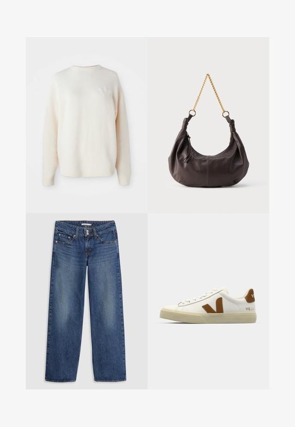 Pull en polaire blanc, oversize, avec des poignets et un ourlet côtelés. Présente un petit logo ton sur ton sur la poitrine gauche. Texture douce et coupe décontractée.; Jeans en denim bleu à jambes larges avec une fermeture à bouton, design à cinq poches, légère décoloration sur les cuisses et accents de couture sur les coutures.; Baskets en cuir blanc avec une semelle beige texturée, un accent en suède marron pour le logo et des lacets plats. Design minimaliste avec un détail de marque au niveau du talon.; Sac à bandoulière en cuir marron foncé doux avec des extrémités nouées et une courte chaîne dorée, sur un fond clair uni.