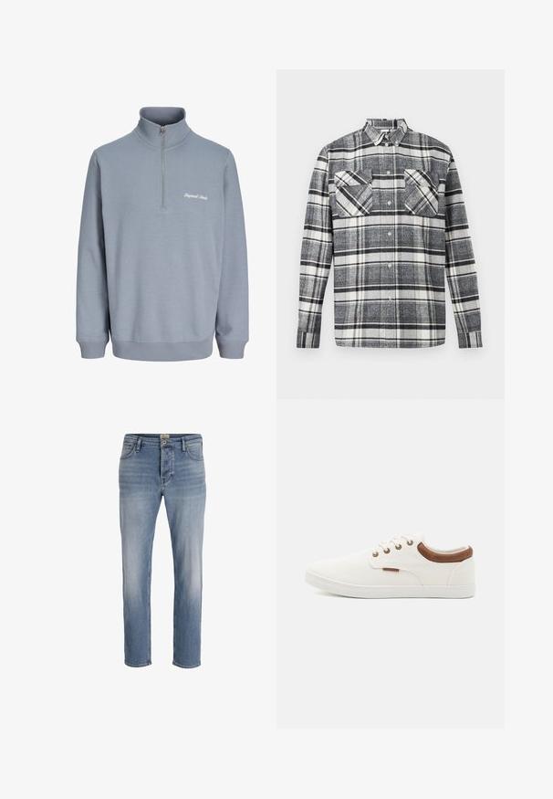Lyseblå langærmet pullover med halvlukning med lynlås og høj krave, med lille hvid "Originals Studio" tekst på venstre bryst.; Sort, hvid og grå ternet langærmet skjorte med knapper, to brystlommer foran og en standard krave.; Lysblå denimjeans med lige pasform, let falmning foran, fem-lomme design og metalknaplukning i taljen.; Hvide lærreds sneakers med en glat overflade, brune læderdetaljer ved hælen og fem metaløjer til snørebånd. Har en flad gummisål.