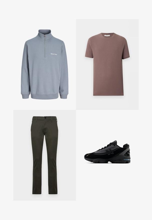 Lyseblå langærmet pullover med halvlukning med lynlås og høj krave, med lille hvid "Originals Studio" tekst på venstre bryst.; Kortærmet, ribstrikket t-shirt i afdæmpet mauve med rund halsudskæring, vist fladt på en lys baggrund.; Khaki chinos med en slank pasform, lavet af blødt bomuldsstof. Har en standard knaplukning og bæltestropper. Flad frontdesign.; Sort atletiksko med mesh-overdel, ruskindsdetaljer og en kraftig sål. Markant "N"-logo og refleksdetaljer langs siden.