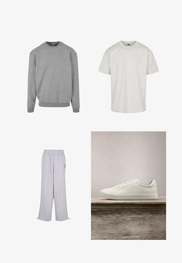 Sudadera de cuello redondo gris hecha de una suave mezcla de algodón. Presenta puños y dobladillo acanalados, con un diseño sencillo y clásico. Sin patrones ni acentos.; Camiseta de algodón gris claro con mangas cortas, cuello redondo y un ajuste relajado. Tejido texturizado con un sutil patrón jaspeado.; Karl Kani Pantalones deportivos - grey; Zapatilla blanca con cordones flotando sobre un banco de madera con follaje verde al fondo, mostrando el diseño y la textura del zapato.