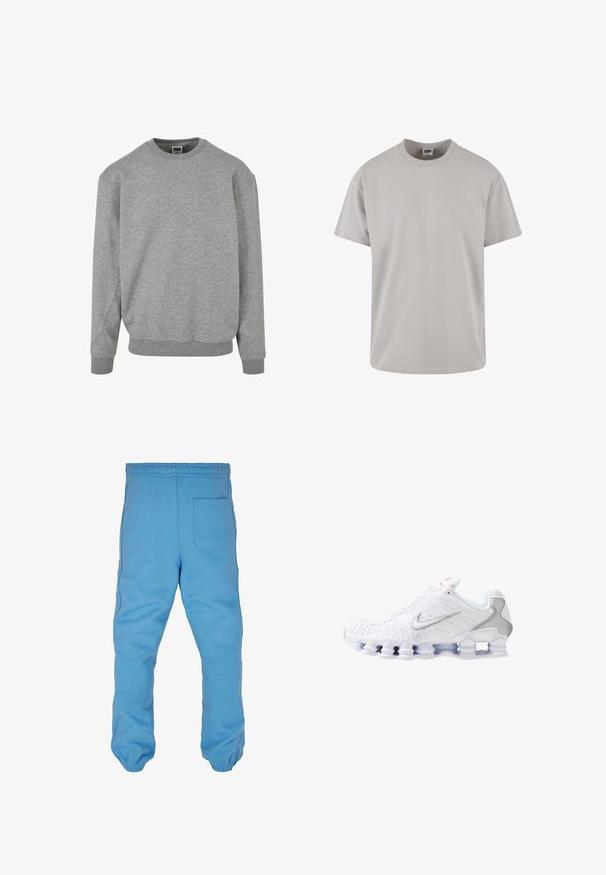 Grå crewneck sweatshirt lavet af blødt bomuldsblandingsstof. Har ribbekantede manchetter og kant, med et enkelt, klassisk design. Ingen mønstre eller accenter.; Lys grå bomulds T-shirt, korte ærmer, rund hals, afslappet pasform, glat tekstur, ingen mønstre eller synlige grafik. Rengør design.; Lyseblå sweatpants lavet af blødt bomuldsstof. Har en elastisk talje, tapered benmanchetter og en baglomme.; Hvide sportssko med en tekstureret overdel, en sølvfarvet swoosh-logo, meshpaneler og en karakteristisk opdelt hvid sål.