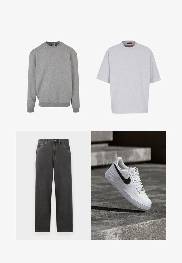 Grijze crewneck sweatshirt, gemaakt van een zachte katoenmix. Kenmerkt zich door ribgebreide mouwen en zoom, met een eenvoudig, klassiek ontwerp. Geen patronen of accenten.; Lichtgrijs oversized t-shirt, korte mouwen, ronde halslijn, gemaakt van zachte stof, heeft een rechte zoom zonder patronen of versieringen.; Donkergrijze denimbroeken met een rechte pasvorm, voorzien van contrasterende witte stiksels, een knoopsluiting en zijzakken.; Witte Nike Air Force 1 sneaker met zwarte swoosh, veters gestrikt, zwevend in de lucht boven een gestructureerd betonnen oppervlak buiten.