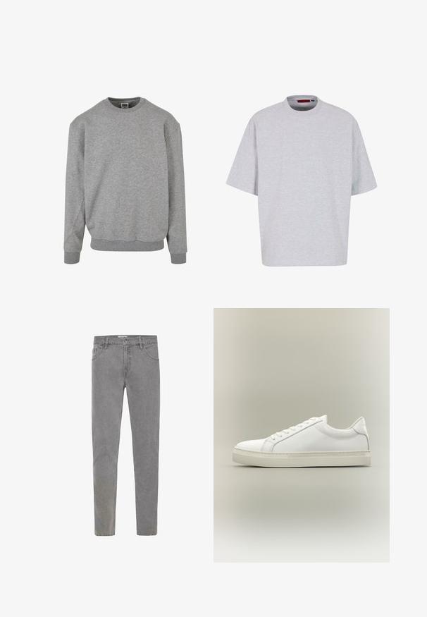 Sivý crewneck sveter vyrobený z mäkkej bavlnenej zmesi. Má rebrované manžety a lem, s jednoduchým a klasickým designom. Bez vzorov alebo akcentov.; Svetlo šedé oversized tričko, krátke rukávy, okrúhly výstrih, vyrobené z mäkkej látky, má rovný lem bez vzorov alebo ozdôb.; Sivé džínsy s užším strihom, piatimi vreckami, pútkami na opasok a jedným gombíkom na zapínanie. Textúra je mierne opotrebovaná pre uvoľnený vzhľad.; Biela nízka teniska so šnurovaním vpredu a hrubou podrážkou, zobrazená zboku na neutrálom pozadí.