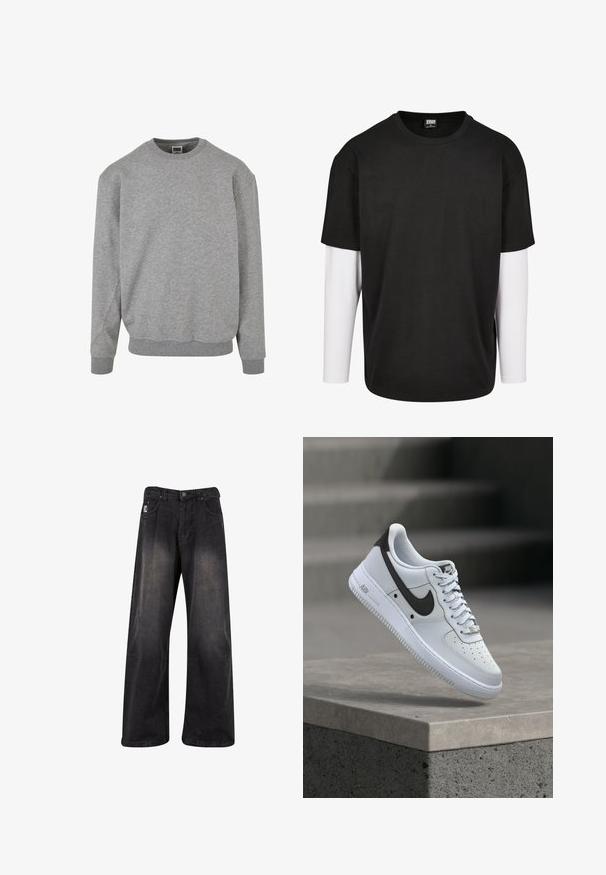 Sivý crewneck sveter vyrobený z mäkkej bavlnenej zmesi. Má rebrované manžety a lem, s jednoduchým a klasickým designom. Bez vzorov alebo akcentov.; Čierne tričko s krátkym rukávom s bielou vrstvou s dlhým rukávom pod ním. Vyrobené z bavlny s klasickým výstrihom a voľným strihom.; Čierne široké denimové nohavice s vyblednutým povrchom, vybavené gombíkovým zapínaním, piatimi vreckami a značkovou nášivkou na prednej ľavej strane.; Biela teniska Nike Air Force 1 s čiernym logom Swoosh, vznášajúca sa nad betónovým okrajom s rozmazanými schodmi na pozadí.