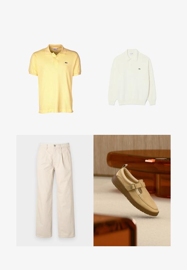 Jersey polo de punto blanco con manga larga, cuello, dos botones, puños acanalados y un pequeño logo de cocodrilo verde en el pecho izquierdo.; Polo amarillo hecho de algodón, con un cuello de dos botones, mangas cortas y un pequeño logo de cocodrilo negro en el pecho.; Pantalones de pierna ancha beige con cintura alta, que cuentan con pliegues frontales, cierre con botón en la parte delantera y una suave tela de algodón.; Zapato beige de cuero sin cordones con correa de hebilla y suela de goma marrón, posicionado en el aire sobre un suelo alfombrado claro y cerca de un mueble translúcido ámbar.