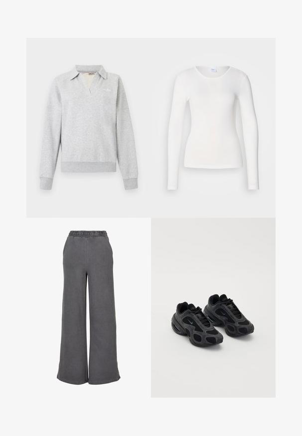 Lysegrå langærmet pullover med åben krave, ribstrikkede manchetter og kant samt subtilt logo på venstre brystområde.; Hvid langærmet skjorte lavet af et blødt, glat stof; har en rund halsudskæring og en tætsiddende facon uden mønstre eller pynt.; Breddebenede grå sweats lavet af blødt stof, med elastisk talje for komfort. Glat tekstur uden synlige mønstre eller detaljer.; Sorte Nike sneakers med mesh- og suede-paneler, unikke udsparinger og polstrede kraver. Skinnende accenter på siderne fremhæver et moderne design.