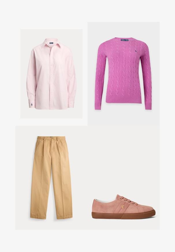Roze kabelgebreide trui met lange mouwen, een ronde hals en klein marineblauw logo op de linkerborst.; Lichtroze overhemd met knopen, gemaakt van een gladde katoenmenging, met een standaardkraag, lange mouwen en een klein geborduurd logo op de boord.; Beige rechte broek met knoop- en ritssluiting, voorzakken, riemlussen en geplooide persvouwen langs de pijpen.; Lage roze suède sneaker met bruine rubberen zool en veters, met een klein goudkleurig RLL-logo op het zijpaneel.