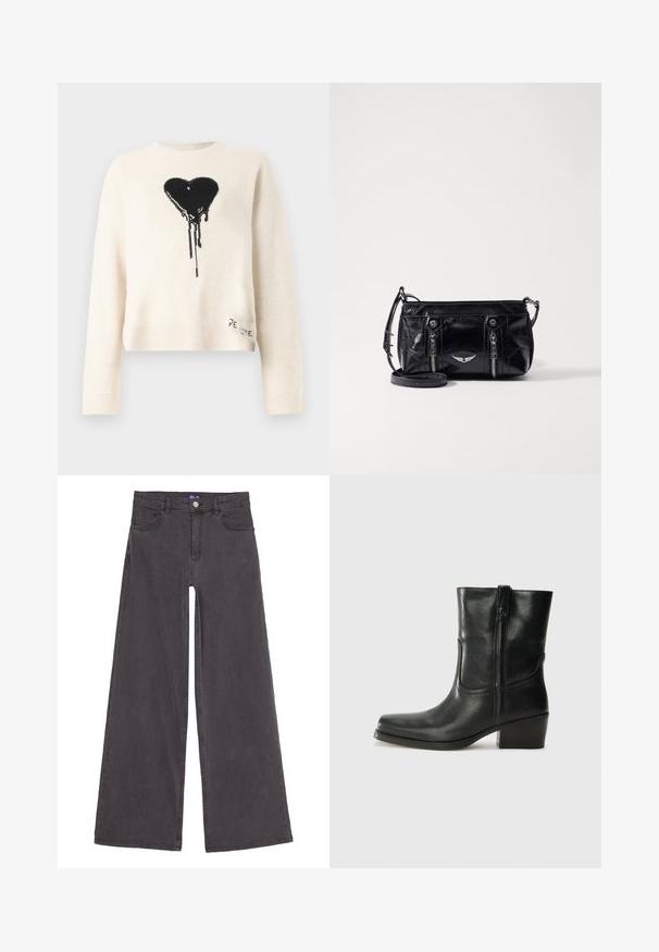 Off-white langærmet sweater med et sort dryppende hjerte-design på brystet og lille tekst "JE T’AIME" nær den nederste kant.; Bredde ben sorte denim jeans lavet af bomuldsstof. Har fem lommer, en knaplukning foran og lige søm. Glat tekstur.; Sort læder ankelstøvle med rundt tå, blokhæl, lynlås i siden og stikninger på vampsiden. Glat tekstur, klassisk design.; Sort faux læder crossbody taske med lynlåslommer, et dekorativt sølv emblem og en justerbar rem. Glossy tekstur og kompakt form.