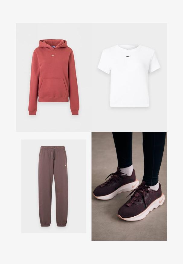 Nike mikina s kapucňou farby hrdzavá červená s predným klokanie vreckom, malým bielym logom Swoosh na hrudi a rebrovanými manžetami a lemom.; Biele krátke tričko značky Nike s krátkym rukávom a zrezaným strihom, s malým čiernym logom Nike swoosh umiestneným pod výstrihom uprostred.; Hnedé Nike tepláky s elastickým pásom, šnúrkou na stiahnutie, manžetami na členkoch a malým bielym logom Nike na hornej ľavej nohe.; Vínové športové topánky s textúrovaným pleteným zvrškom, bielou podrážkou a čiernym logom Nike. Majú okrúhle šnúrky a vzorované slučky na šnúrky.