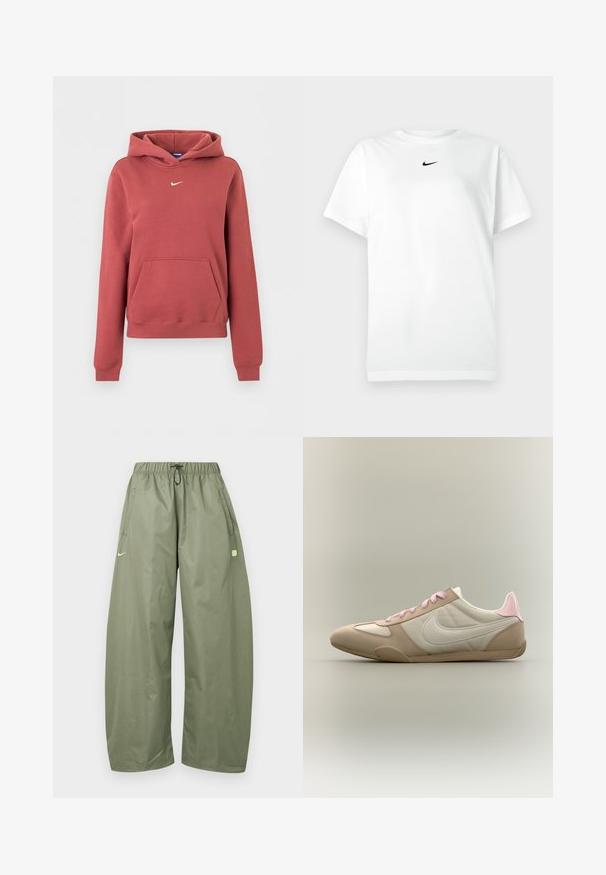 Φούτερ Nike σε σκουροκόκκινο χρώμα με εμπρόσθια τσέπη καγκουρό, μικρό λευκό λογότυπο Swoosh στο στήθος και ριμπ μανσέτες και τελείωμα.; Λευκό T-shirt κοντομάνικο με στρογγυλή λαιμόκοψη και μικρό μαύρο λογότυπο Nike κάτω από τον λαιμό.; Φαρδιά λαδί παντελόνια με ελαστική μέση, κορδόνι, πλευρικές τσέπες και μικρό ανοιχτό πράσινο λογότυπο στο αριστερό μηρό.; Χαμηλού προφίλ μπεζ και λευκό αθλητικό παπούτσι με ροζ κορδόνια και έμφαση στη φτέρνα, που δείχνει το λογότυπο της Nike στο πλάι σε μονόχρωμο φόντο.