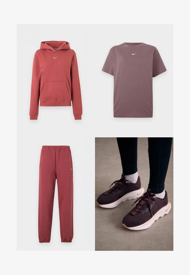 Roestrode Nike hoodie met voorzak (kangoeroezak), klein wit swoosh-logo op de borst en geribde boorden aan mouwen en onderkant.; Effen mauve korte mouwen crewneck t-shirt met een klein wit Nike swoosh op de borst, weergegeven op een witte achtergrond.; Bordeaux elastische joggerbroek met klein wit Nike-logo op de rechterdij.; Bordeauxrode sportschoenen met een gewoven bovenwerk, witte zool en zwart Nike-logo. Voorzien van ronde veters en patroonvormige veterlussen.
