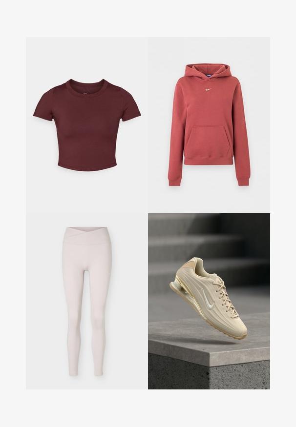 Nike Hoodie in Rostrot mit vorderer Kängurutasche, kleinem weißem Swoosh-Logo auf der Brust und gerippten Bündchen und Saum.; Bordeauxfarbene kurze T-Shirt aus glattem Stretchstoff. Es hat kurze Ärmel und einen runden Ausschnitt, mit einem dezenten Logo auf der Brust.; Hellbeige nahtlose Leggings mit hoher Taille und einem Detail eines gekreuzten Taillenbunds, flach auf weißem Hintergrund gezeigt.; Beiger Nike-Turnschuh mit strukturiertem Obermaterial, weißem Swoosh-Logo, Schnürsenkeln und luftgepolsterter Sohle, der über einer Betonkante schwebt.