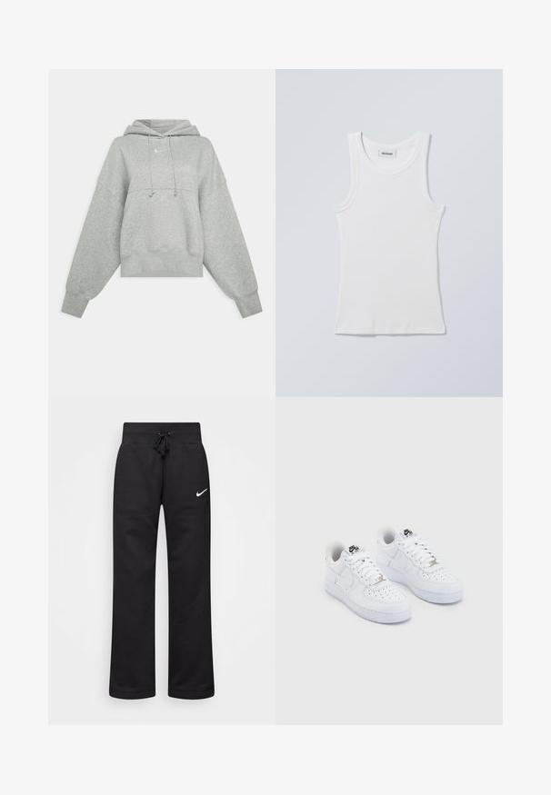 Sudadera recortada gris hecha de tejido suave. Cuenta con una capucha ajustable con cordón, mangas anchas y un pequeño logo en la parte delantera.; Camiseta de algodón blanca sin mangas con escote redondo y tirantes anchos. Presenta una textura acanalada y un dobladillo recto. Etiqueta visible en el escote.; Pantalones de chándal negros hechos de una mezcla de algodón, con una cintura elástica ajustable, piernas rectas y un logo blanco de Nike en el lado izquierdo.; Zapatillas Nike Air Force 1 blancas con una parte superior de cuero suave, puntera perforada, cordones blancos y un logotipo negro en la lengüeta.