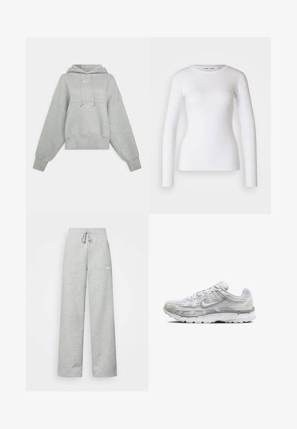 Gray cropped hoodie made of soft fabric. Features a adjustable drawstring hood, wide sleeves, and a small logo on the front.; White long-sleeve shirt made of ribbed fabric, featuring a round neckline and fitted shape. No patterns or accents are present.; Gray sweatpants with an elastic waistband, drawstring detail, and a small white Nike logo on the left thigh. Soft fabric, loose fitting.; Light gray athletic shoes with a mesh and synthetic upper, featuring a lace closure, padded collar, and textured sole for grip.